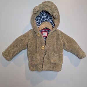Boden Baby Size 6-12 Month Beige Teddy Bear Hood Fleece Jacket w/Checker Lining